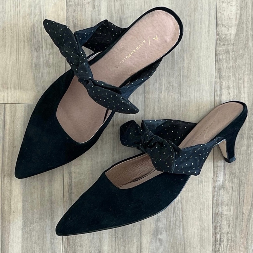 Anthropologie Black Suede Pointed Mule Heels with Polka Dot Bow-7.5